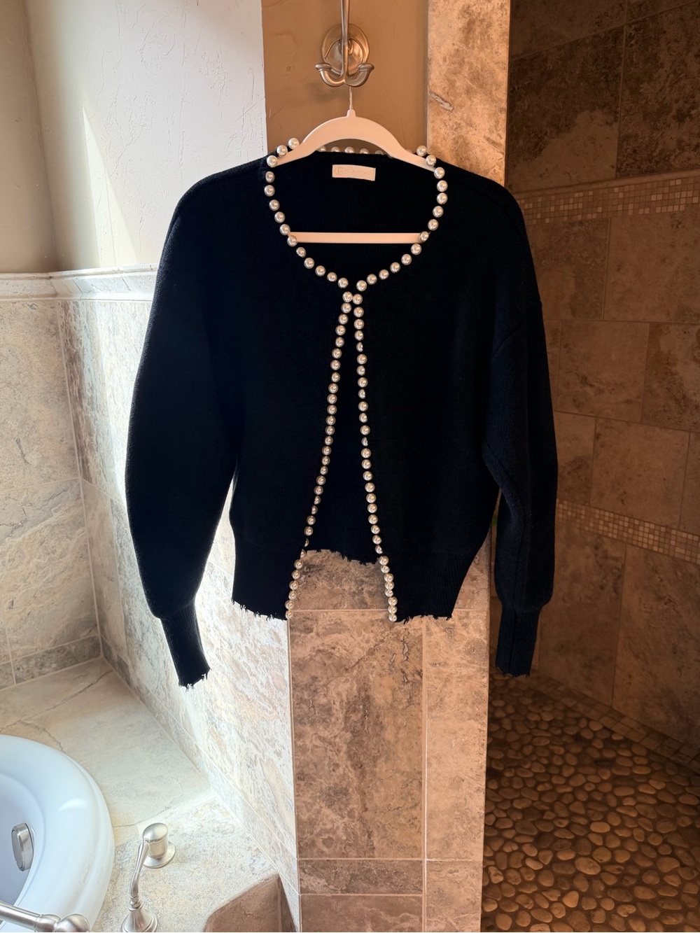 Women's Black Cardigan with Pearl Trim